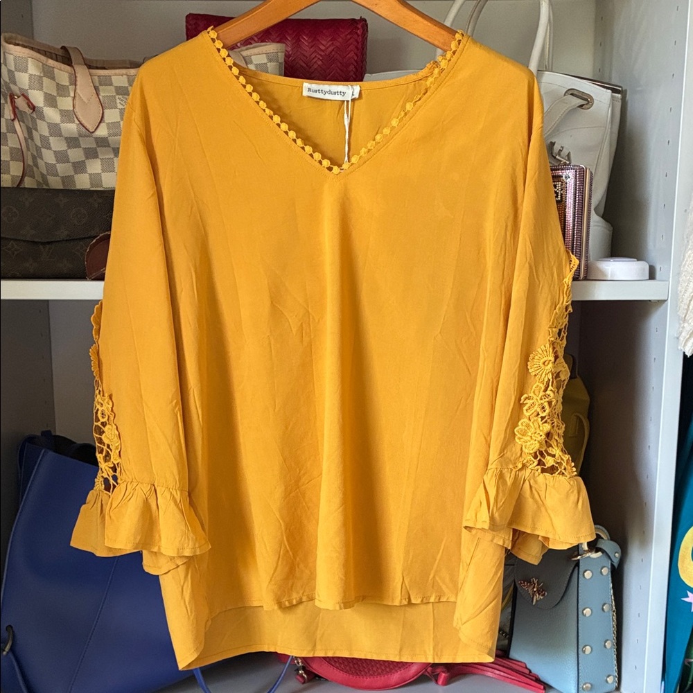 Rustydustty Mustard Yellow V-Neck Top with Lace Sleeves